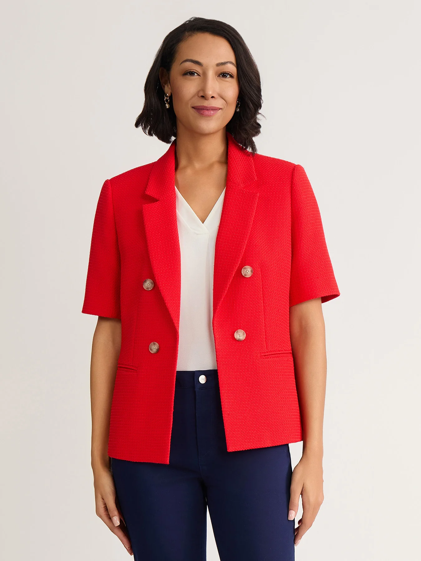 Petite Short Sleeve Faux Double Breasted Blazer, Textured Woven