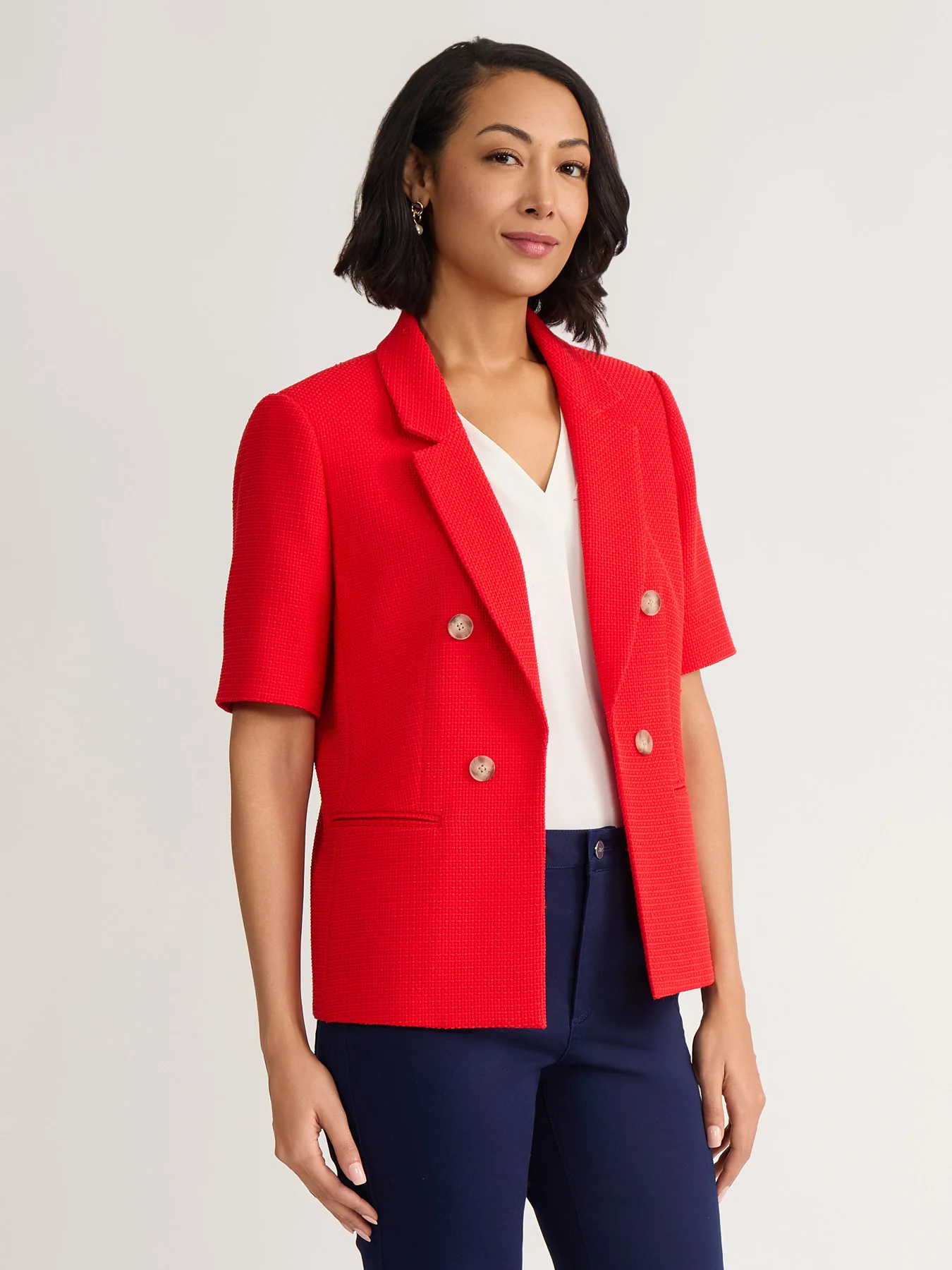 Petite Short Sleeve Faux Double Breasted Blazer, Textured Woven - Image 2