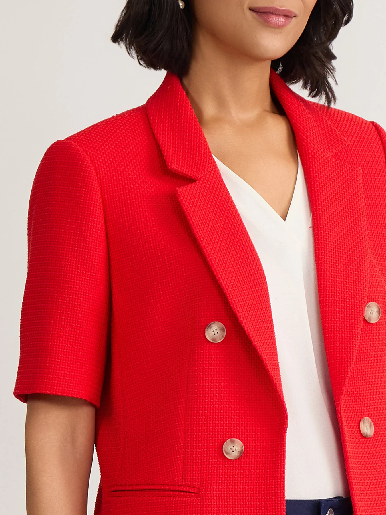 Petite Short Sleeve Faux Double Breasted Blazer, Textured Woven - Image 3