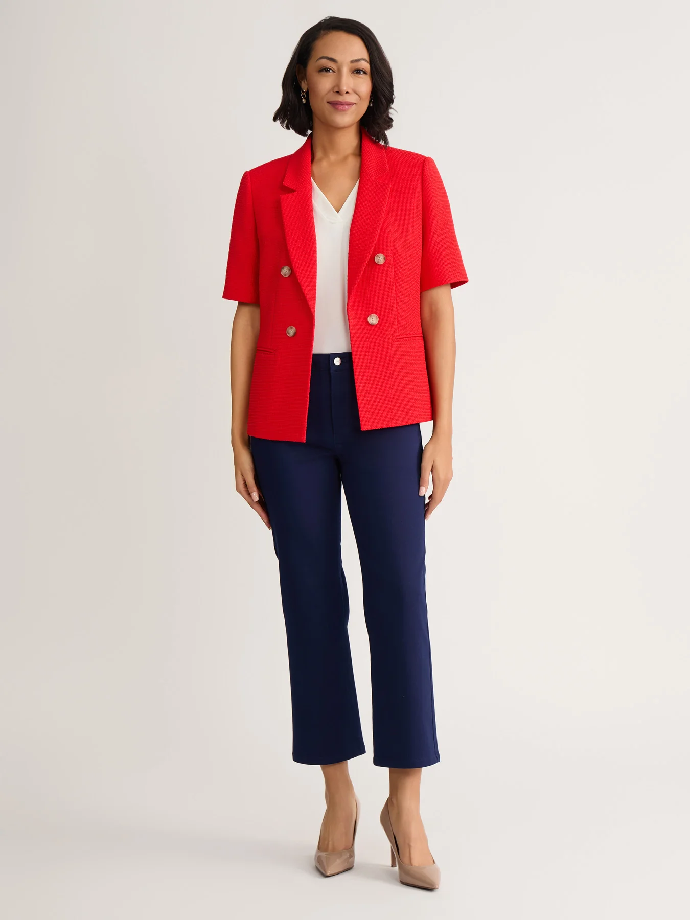 Petite Short Sleeve Faux Double Breasted Blazer, Textured Woven - Image 5