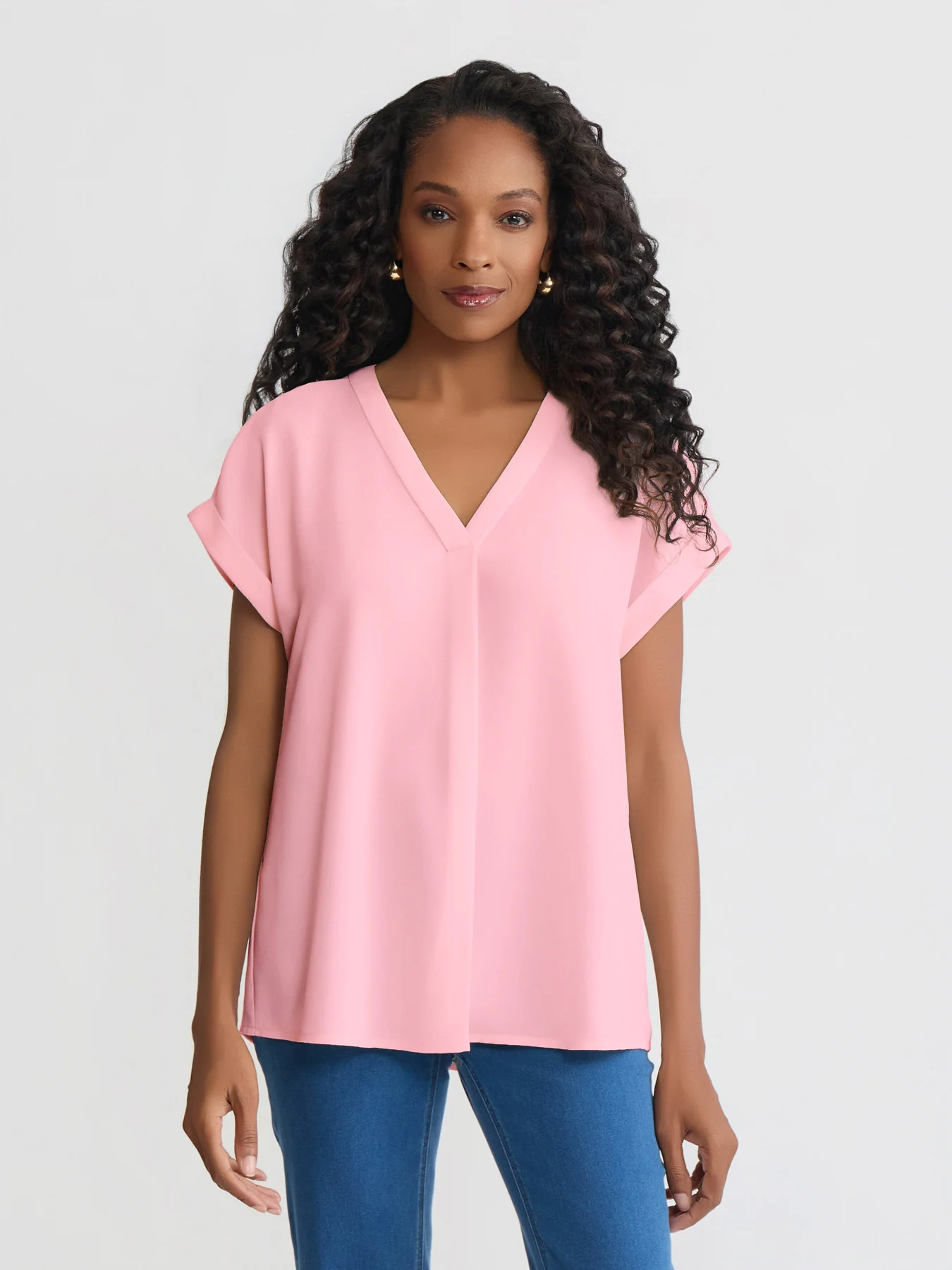 Short Sleeve V-Neck Blouse, Jasper Crepe