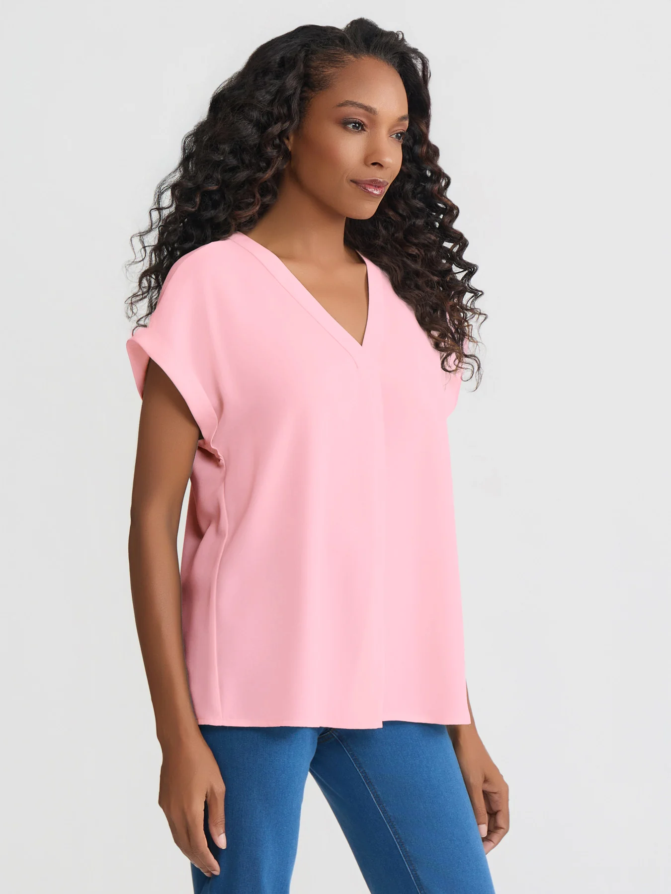 Short Sleeve V-Neck Blouse, Jasper Crepe - Image 2