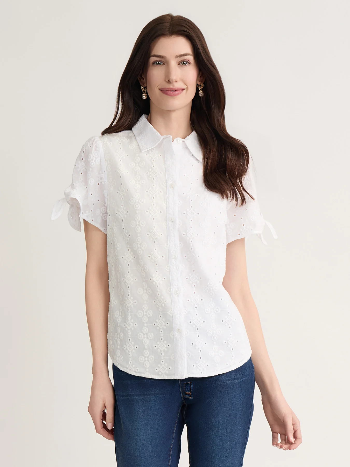 Petite Short Tie Sleeve Blouse, Cotton Eyelet