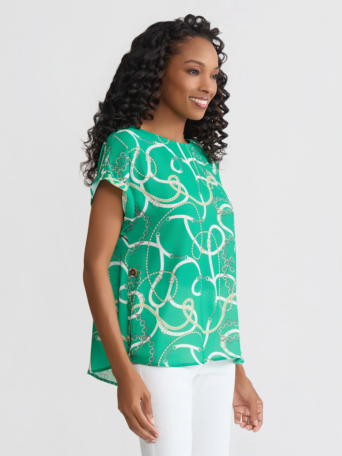Petite Side Button Blouse, Printed Twill - Image 2