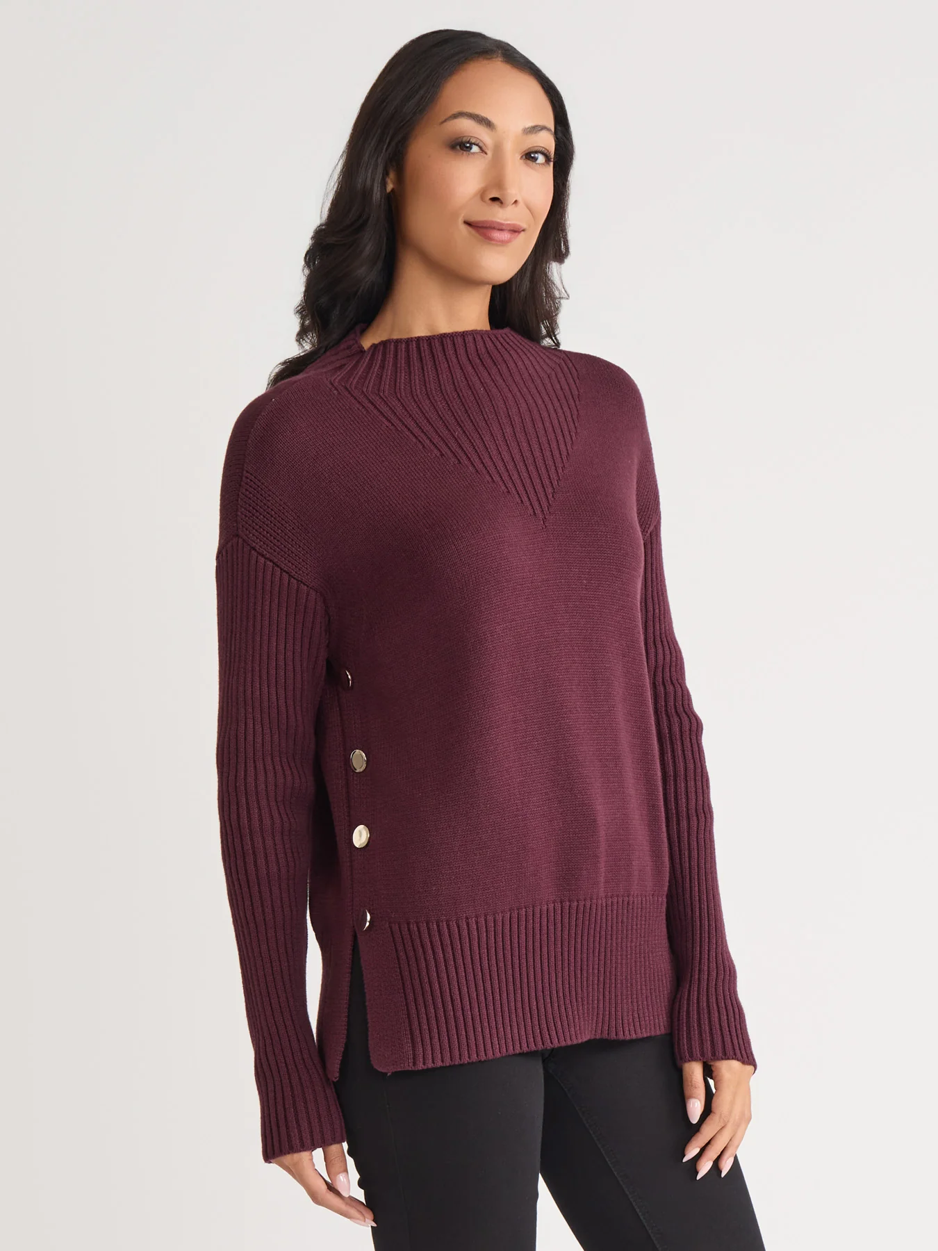 Side Button Sweater Mock Neck Sweater - Image 2