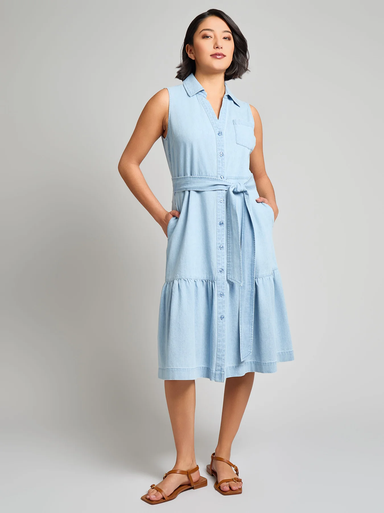 Sleeveless Belted Dress, Chambray
