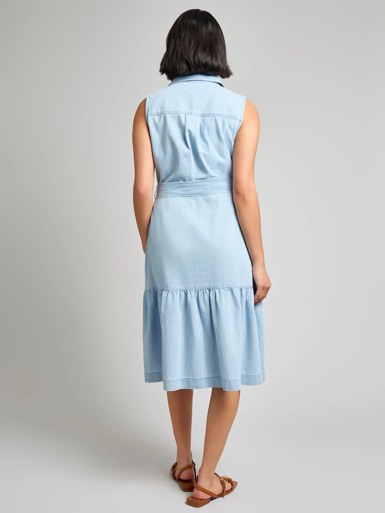 Sleeveless Belted Dress, Chambray - Image 3