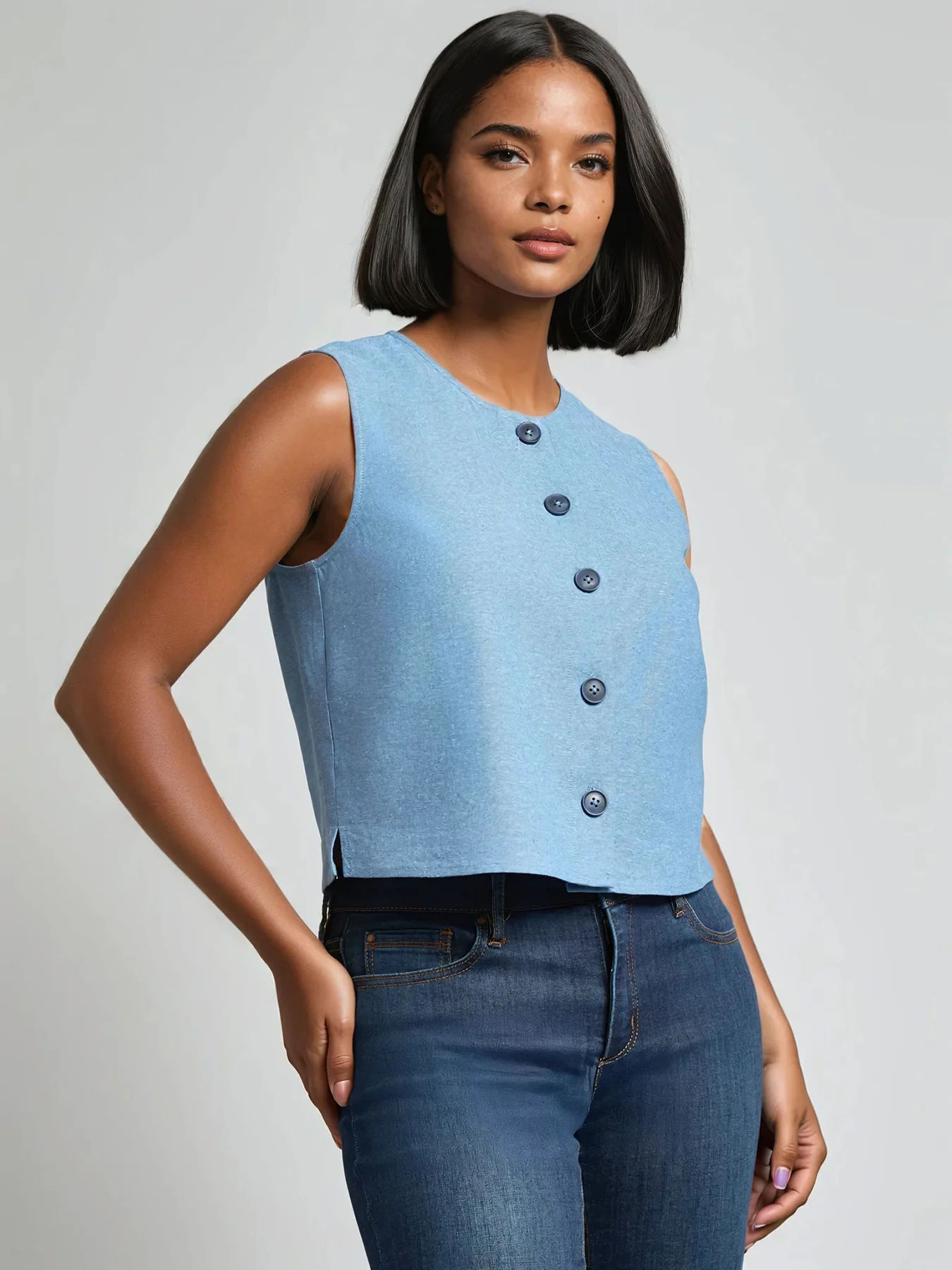Sleeveless Button Front Top, Crossdye Linen Blend - Image 3
