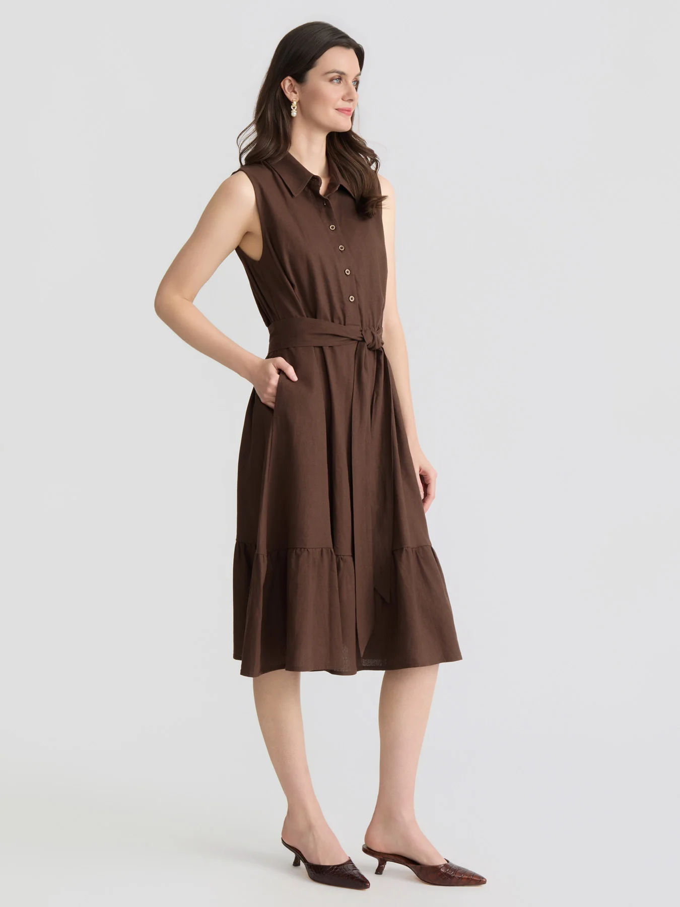 Sleeveless Midi Shirt Dress, Linen - Image 2