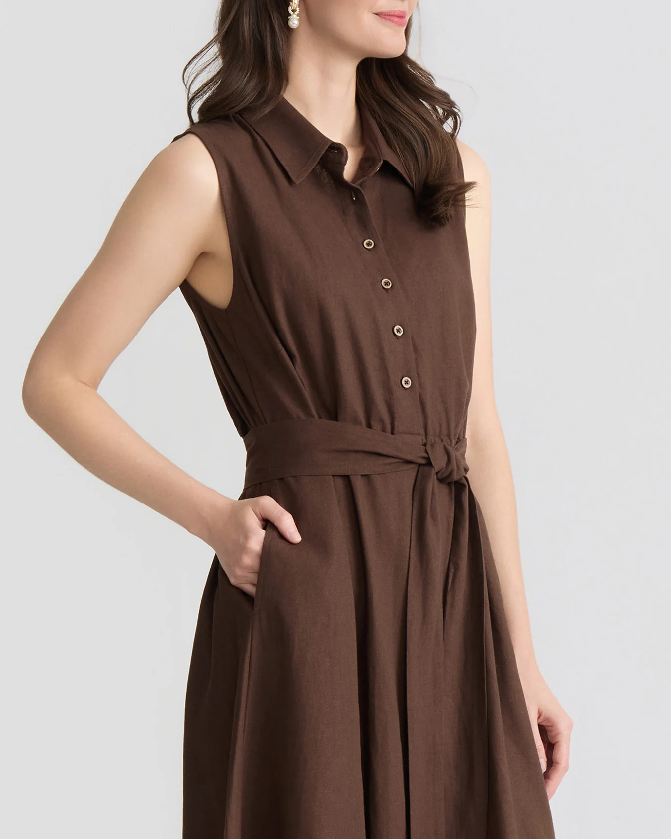 Sleeveless Midi Shirt Dress, Linen - Image 3