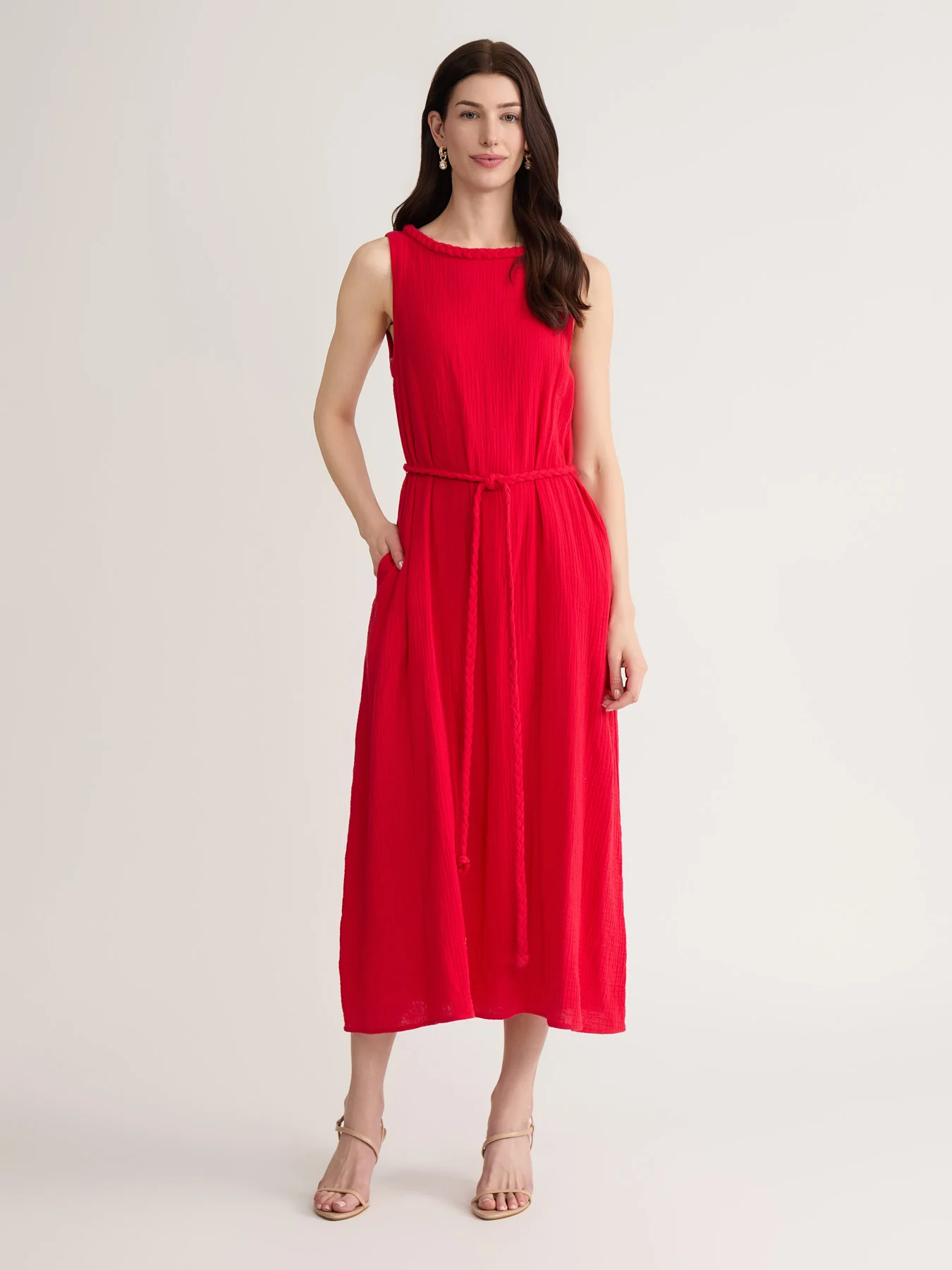 Sleeveless Tie-Waist Maxi Dress, Cotton