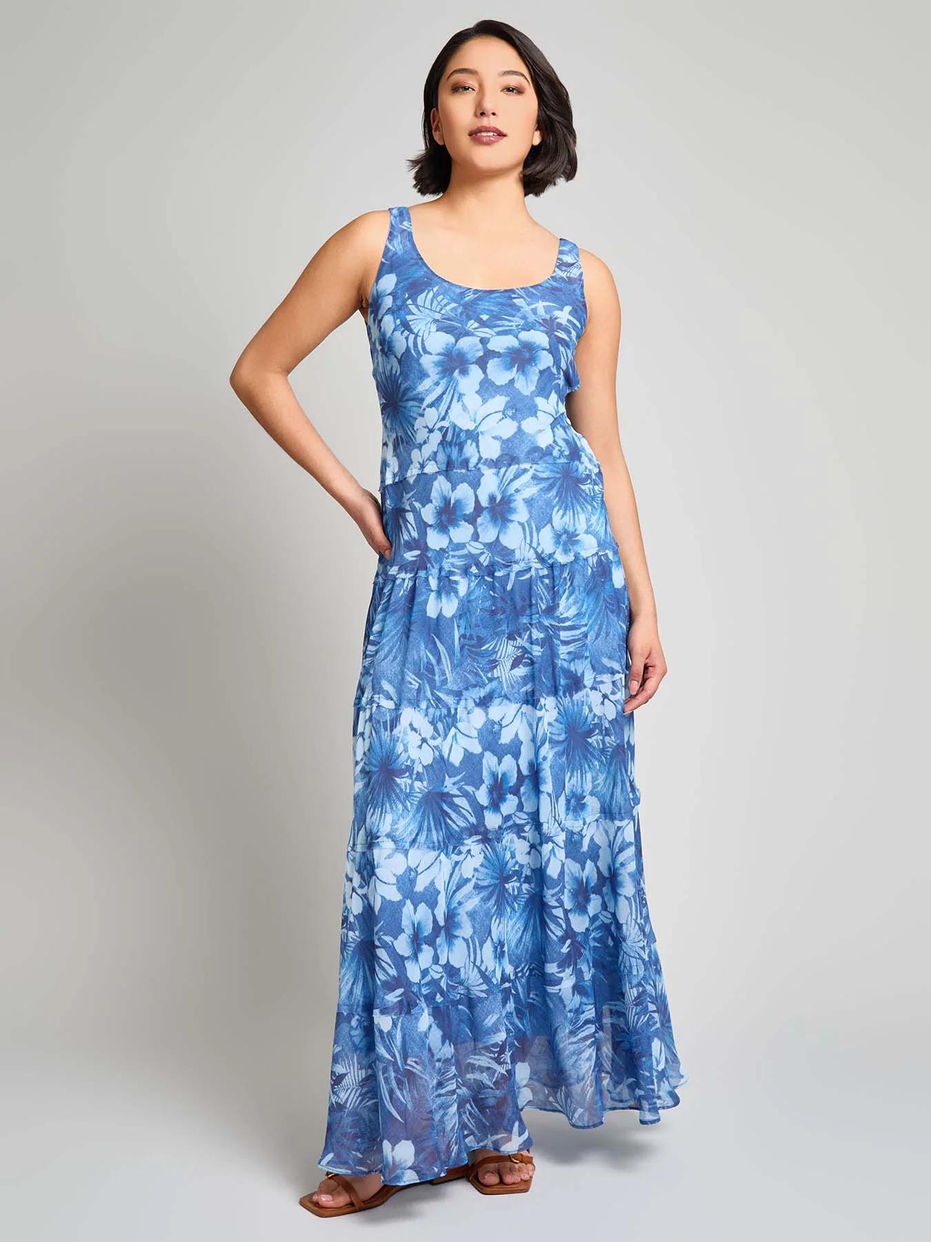 Sleeveless Tiered Maxi Dress, Printed Chiffon Yoryu
