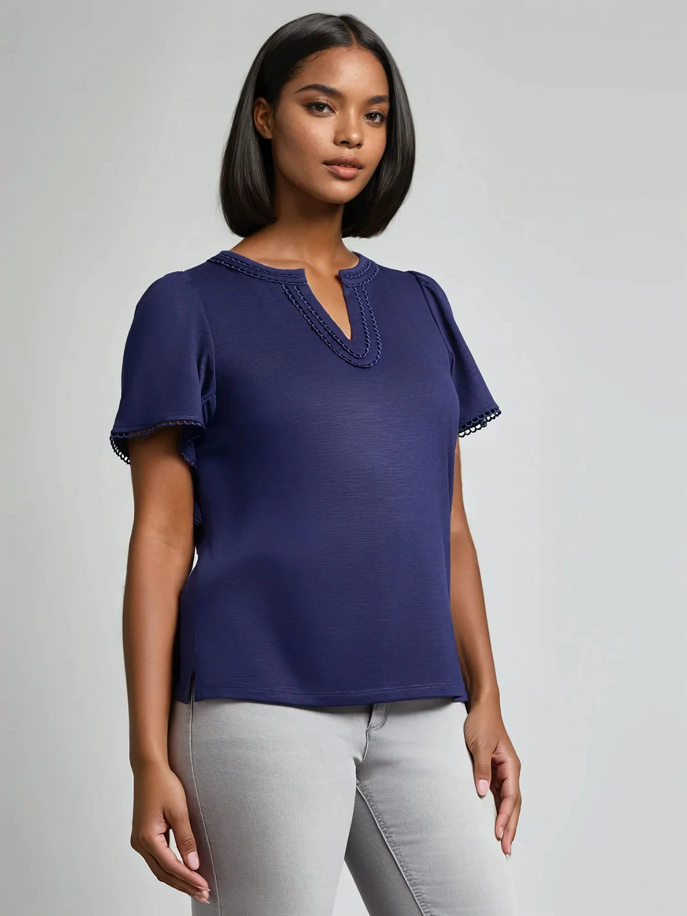 Split Neck Flutter Sleeve Top - Image 2
