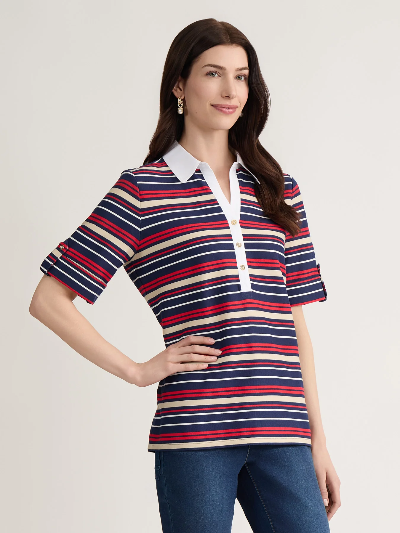 Petite Striped Collared Polo Top, Cotton - Image 2
