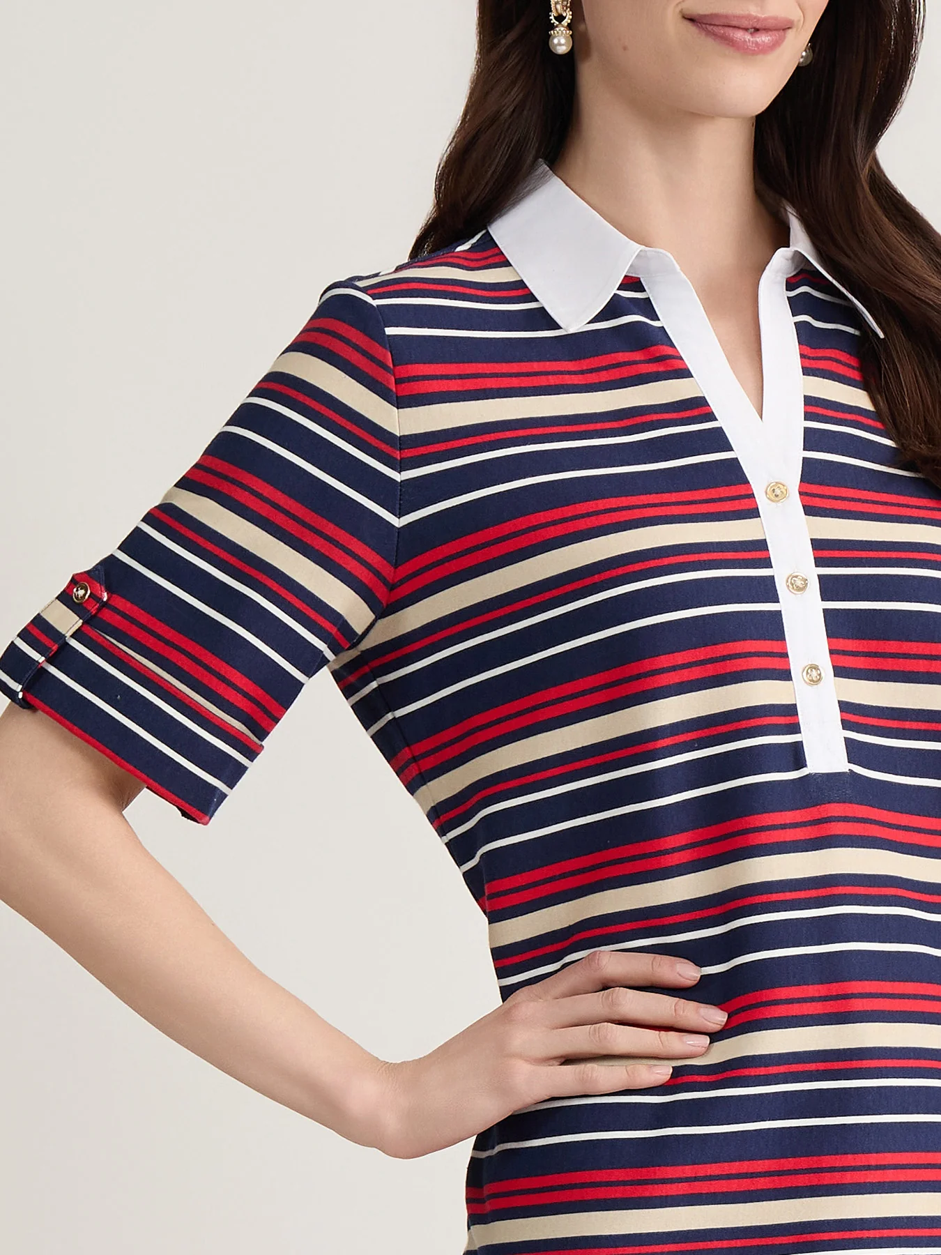 Petite Striped Collared Polo Top, Cotton - Image 3