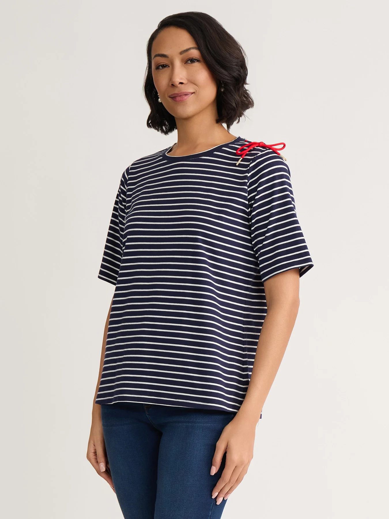 Striped Tie-Shoulder Tee, Cotton - Image 2