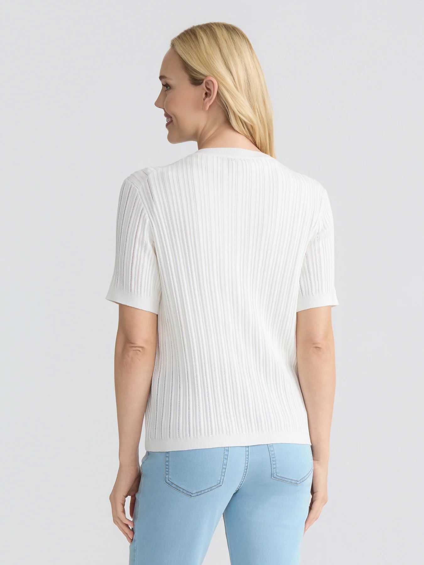 Short Sleeve Cardigan, Pointelle Knit - Image 4