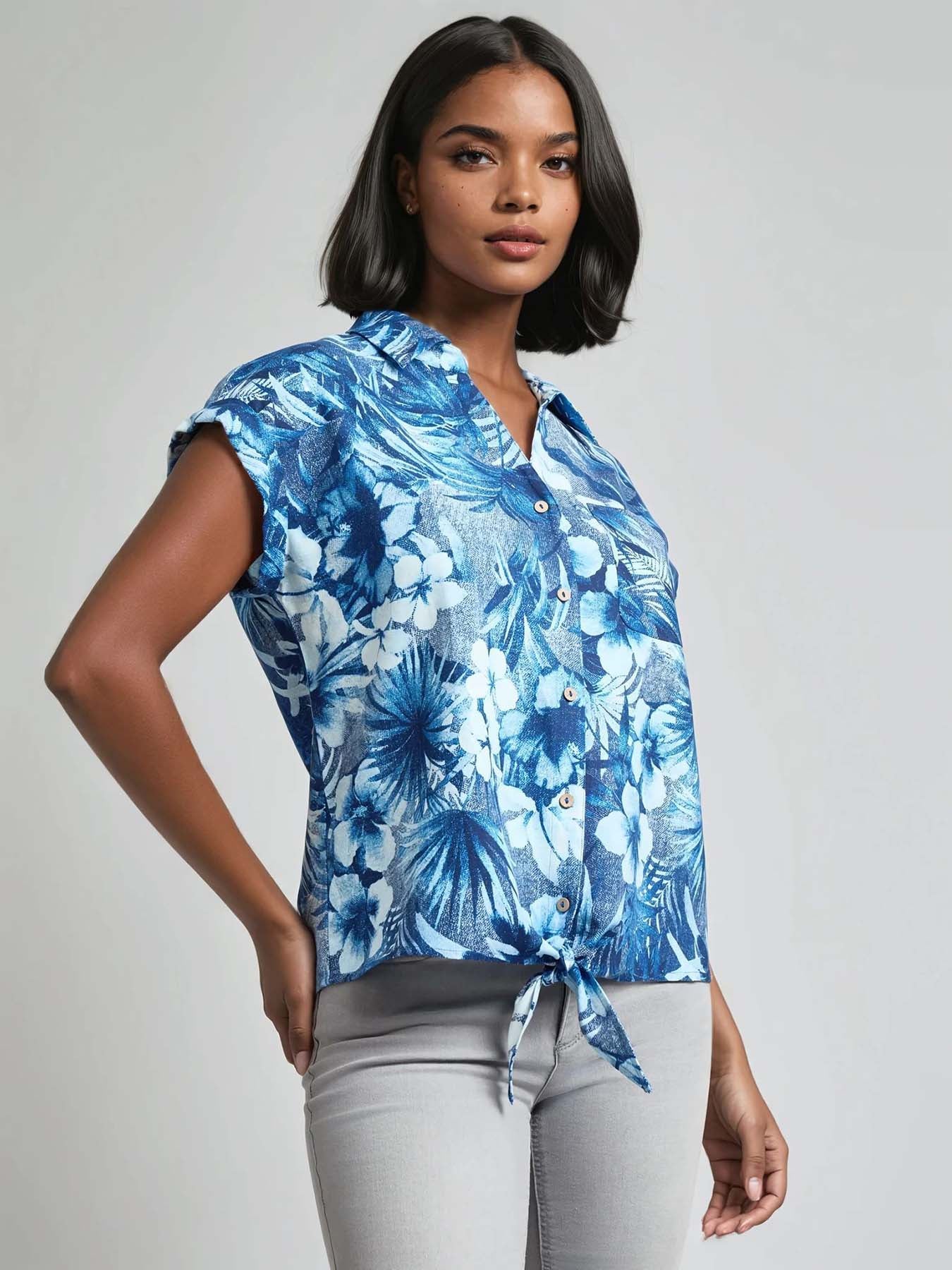 Tie-Front Button-Front Blouse, Printed Cotton - Image 2