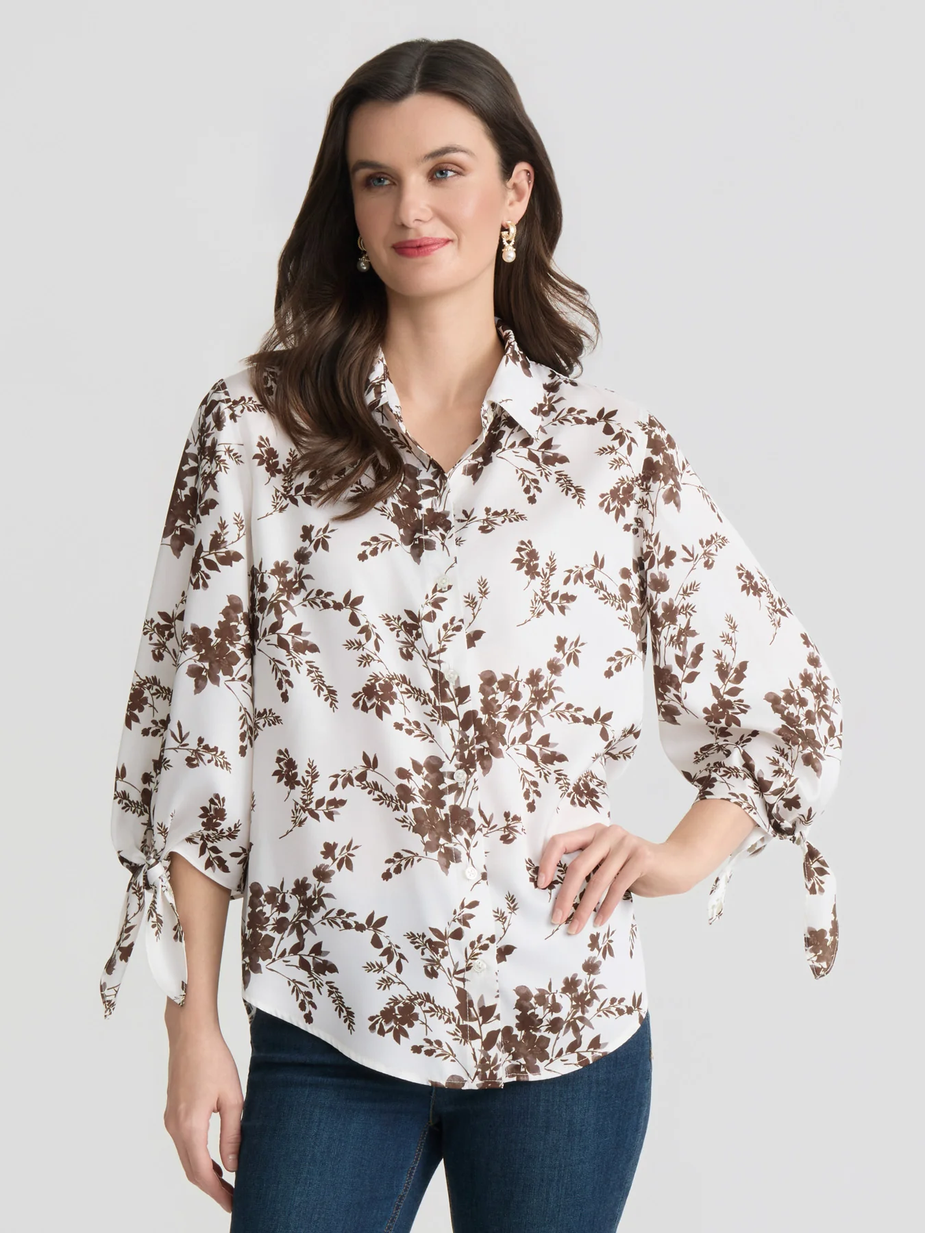Tie Sleeve Button-Up Blouse, Satin Twill