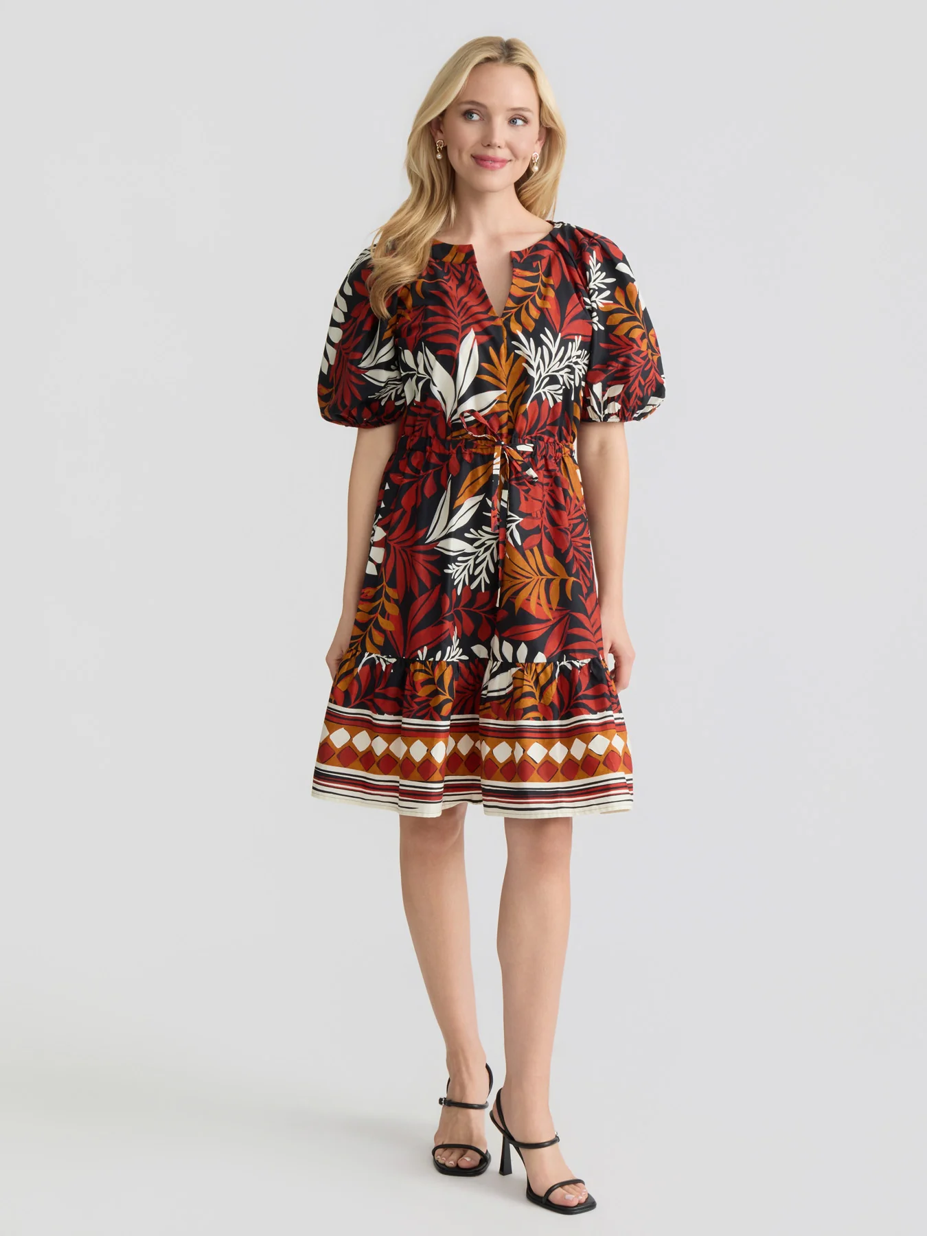 Tiered A-Line Puff Sleeve Dress, Cotton Poplin