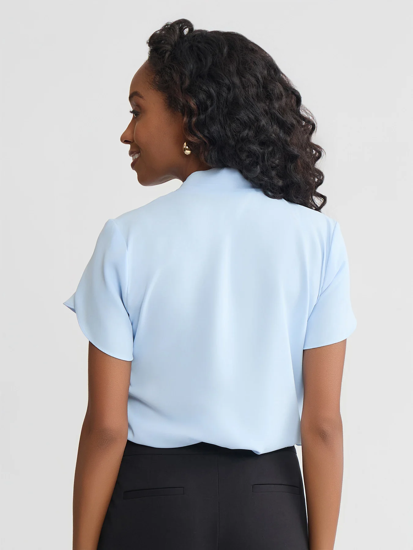 V-Neck Pleat Sleeve Blouse, Stretch Georgette - Image 4