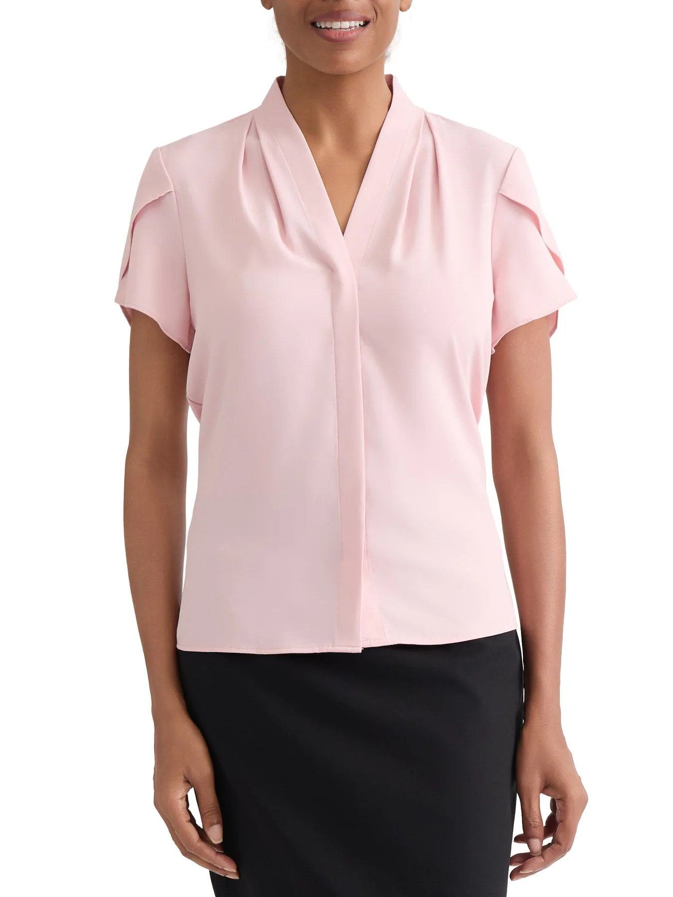 V-Neck Pleat Sleeve Blouse, Stretch Georgette