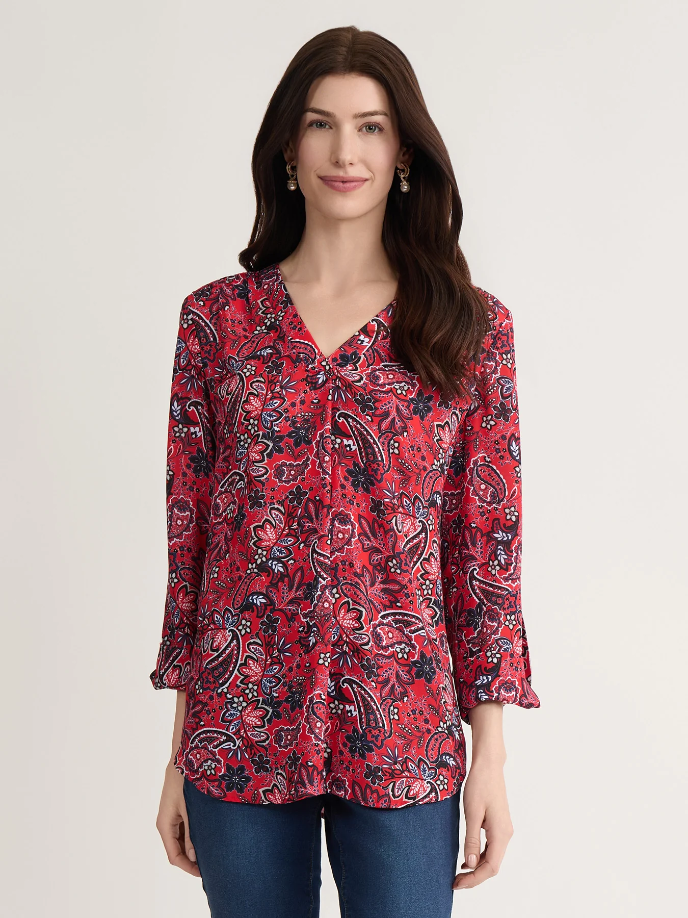 V-Neck Pleated Kelly Blouse, Printed Crepe