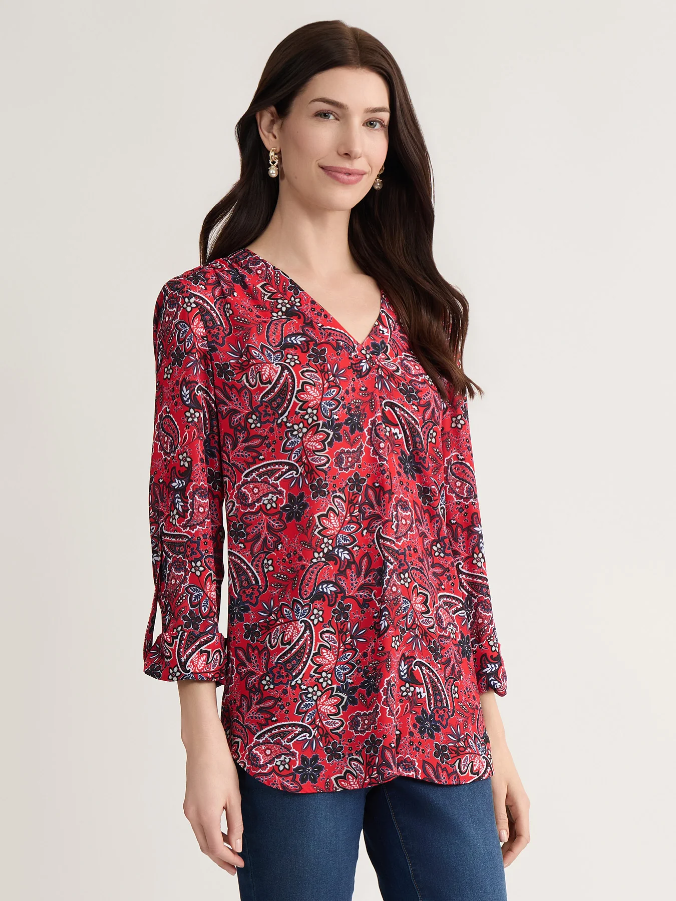 V-Neck Pleated Kelly Blouse, Printed Crepe - Image 2