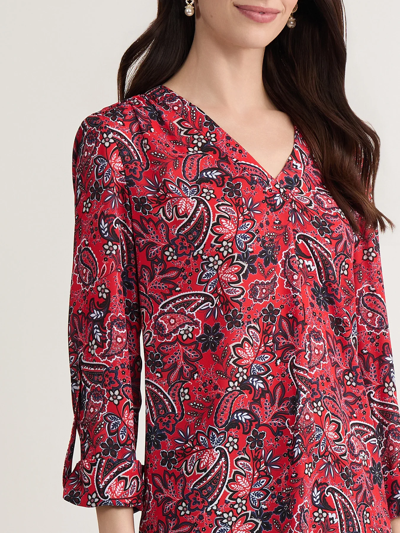 V-Neck Pleated Kelly Blouse, Printed Crepe - Image 3