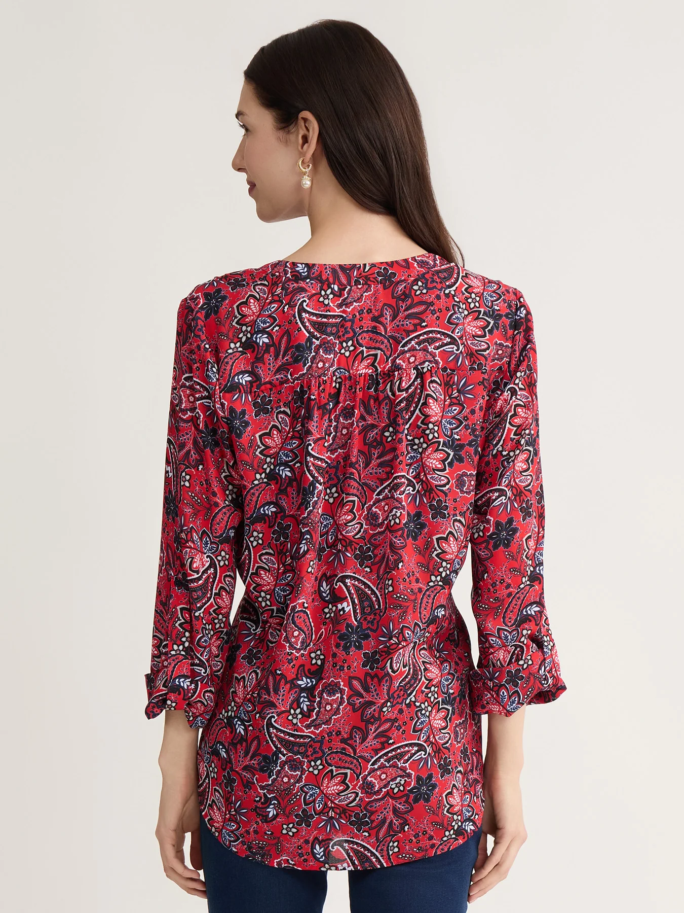V-Neck Pleated Kelly Blouse, Printed Crepe - Image 4