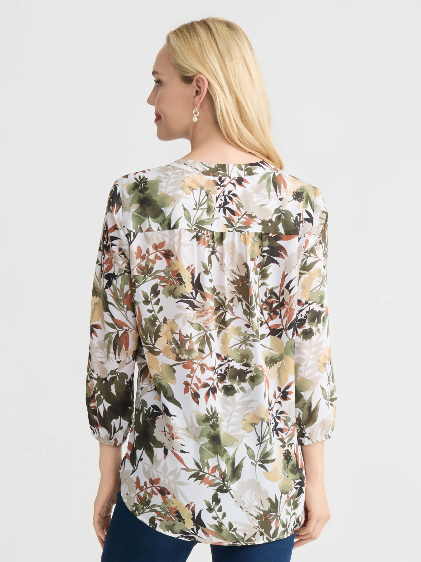 V-Neck Pleated Kelly Blouse, Printed Crepe - Image 4