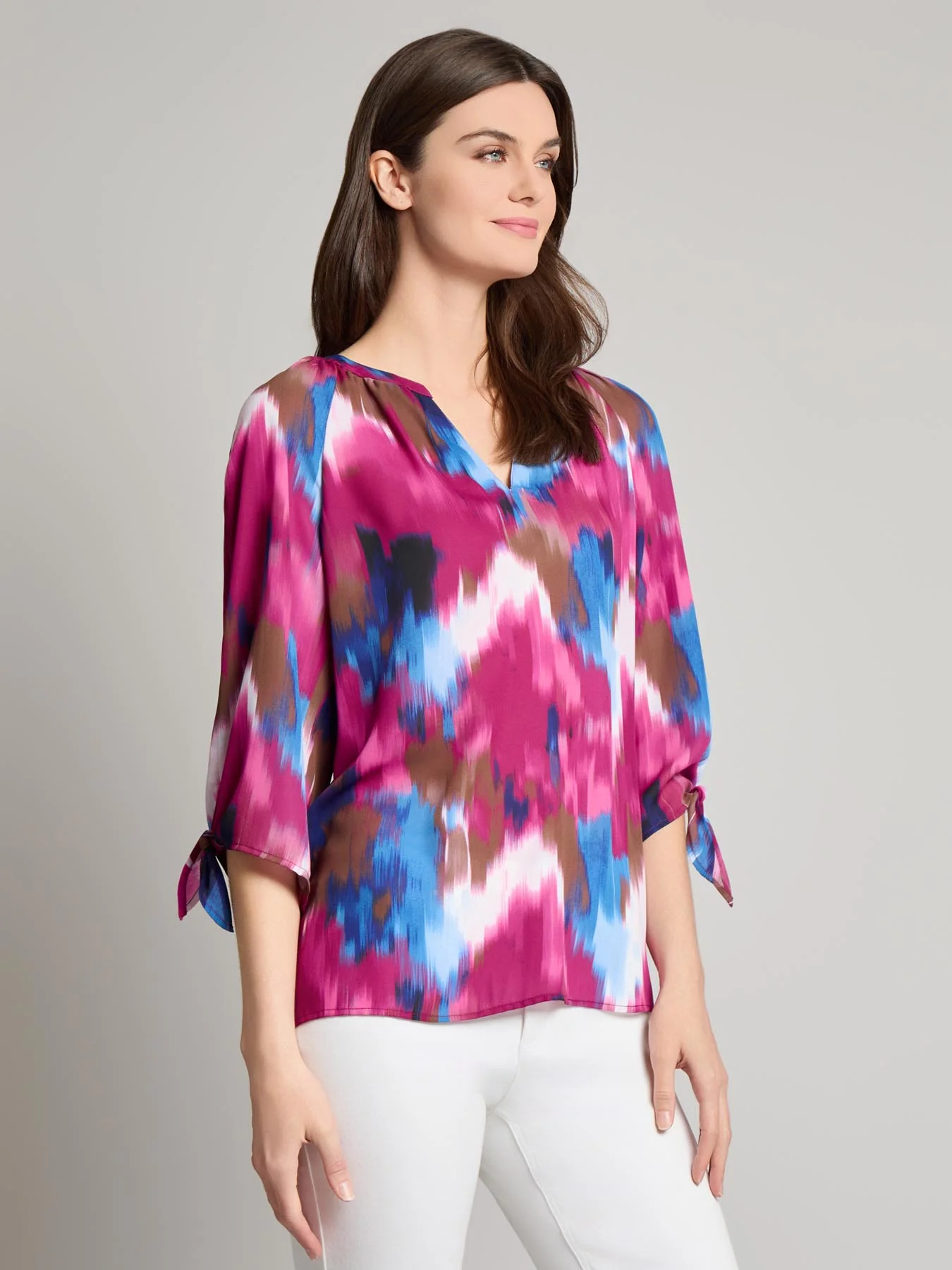V-Neck Print Tie-Sleeve Blouse - Image 2