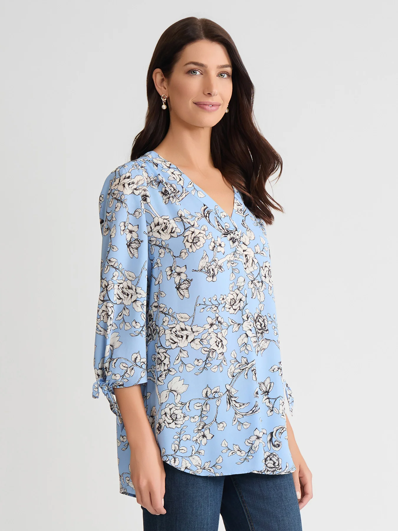 V-Neck Print Tie-Sleeve Blouse - Image 2
