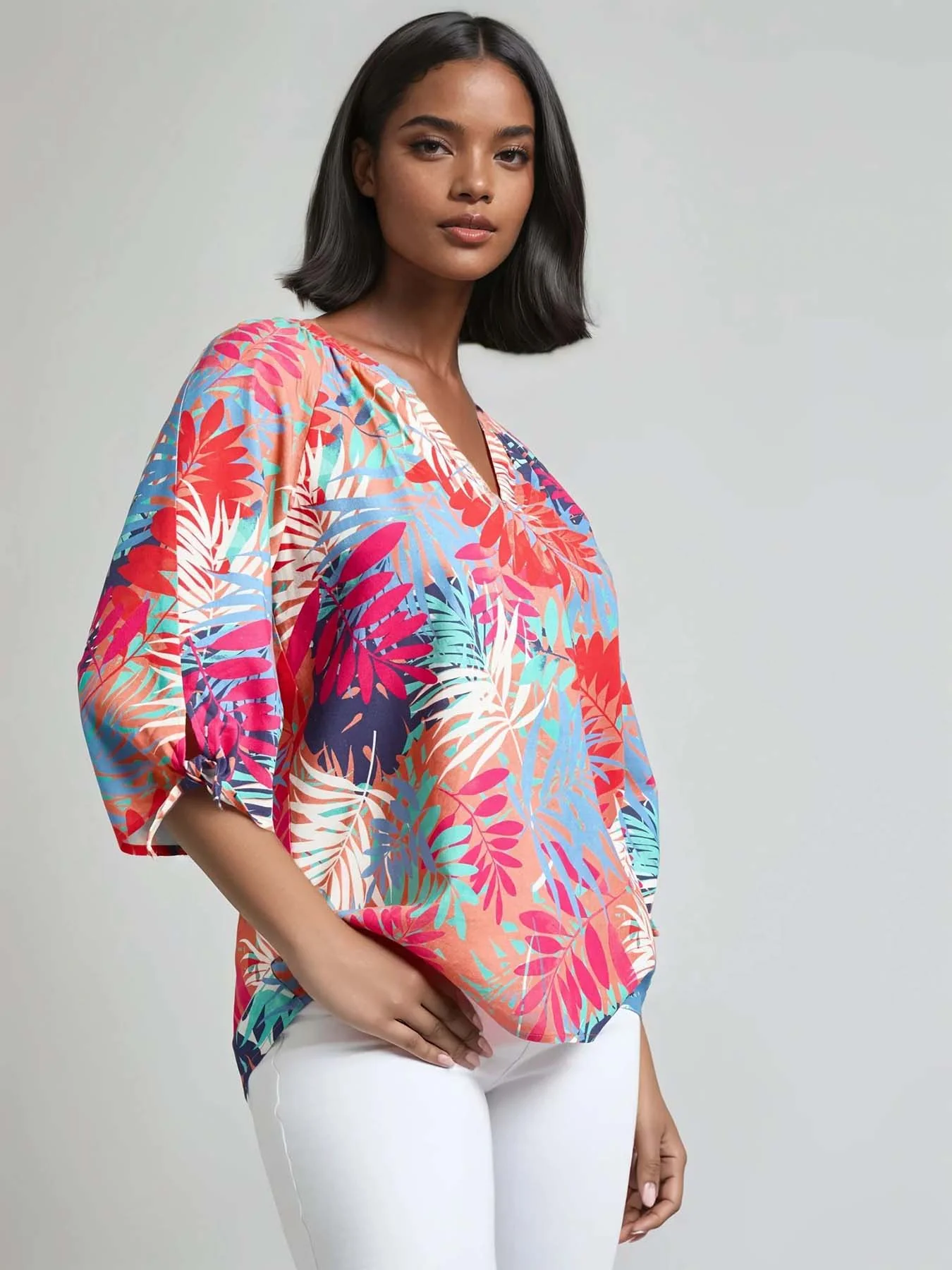 V-Neck Print Tie-Sleeve Blouse, Linen Blend - Image 2