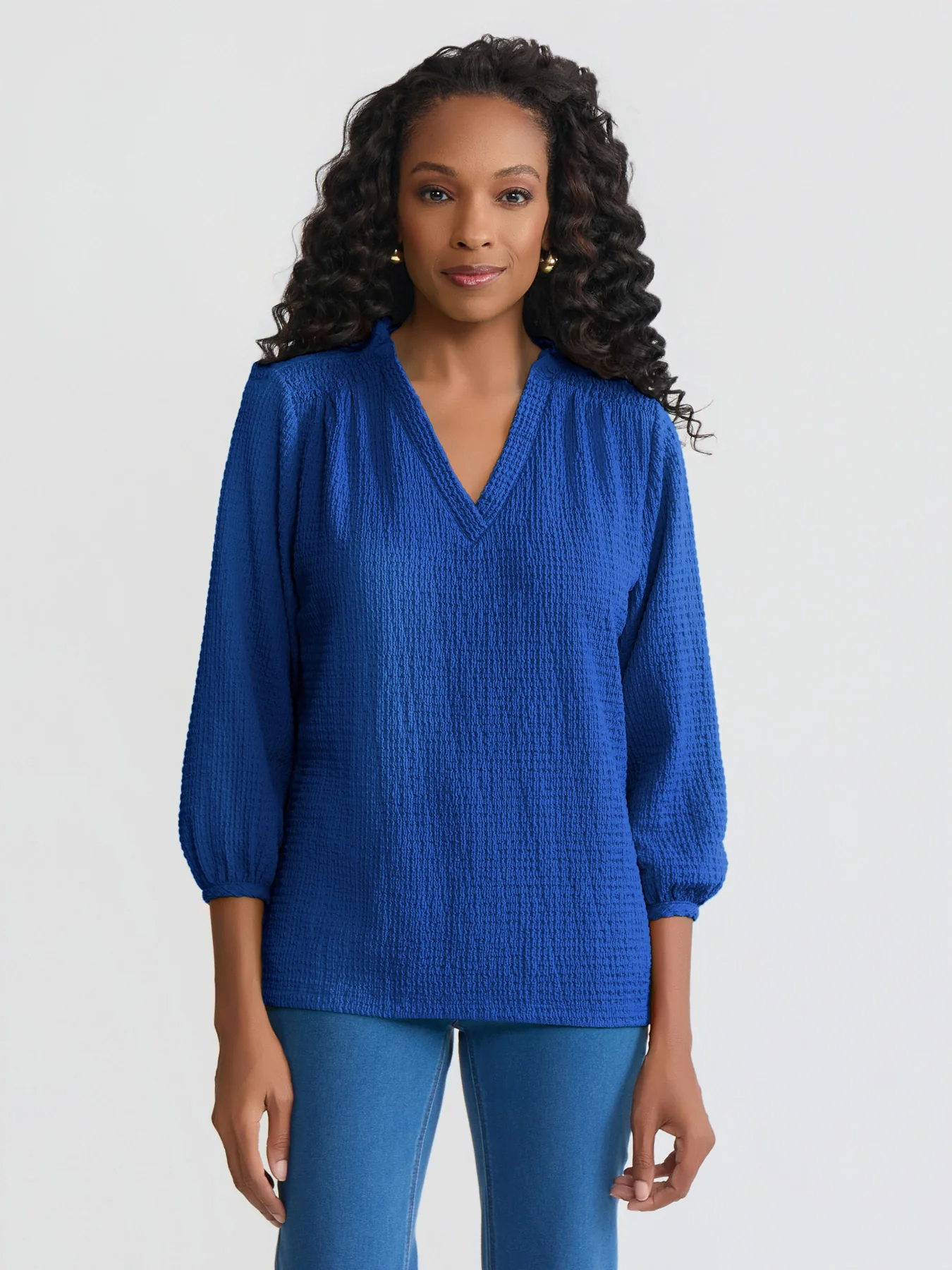 V-Neck Smocked Shoulder Blouse