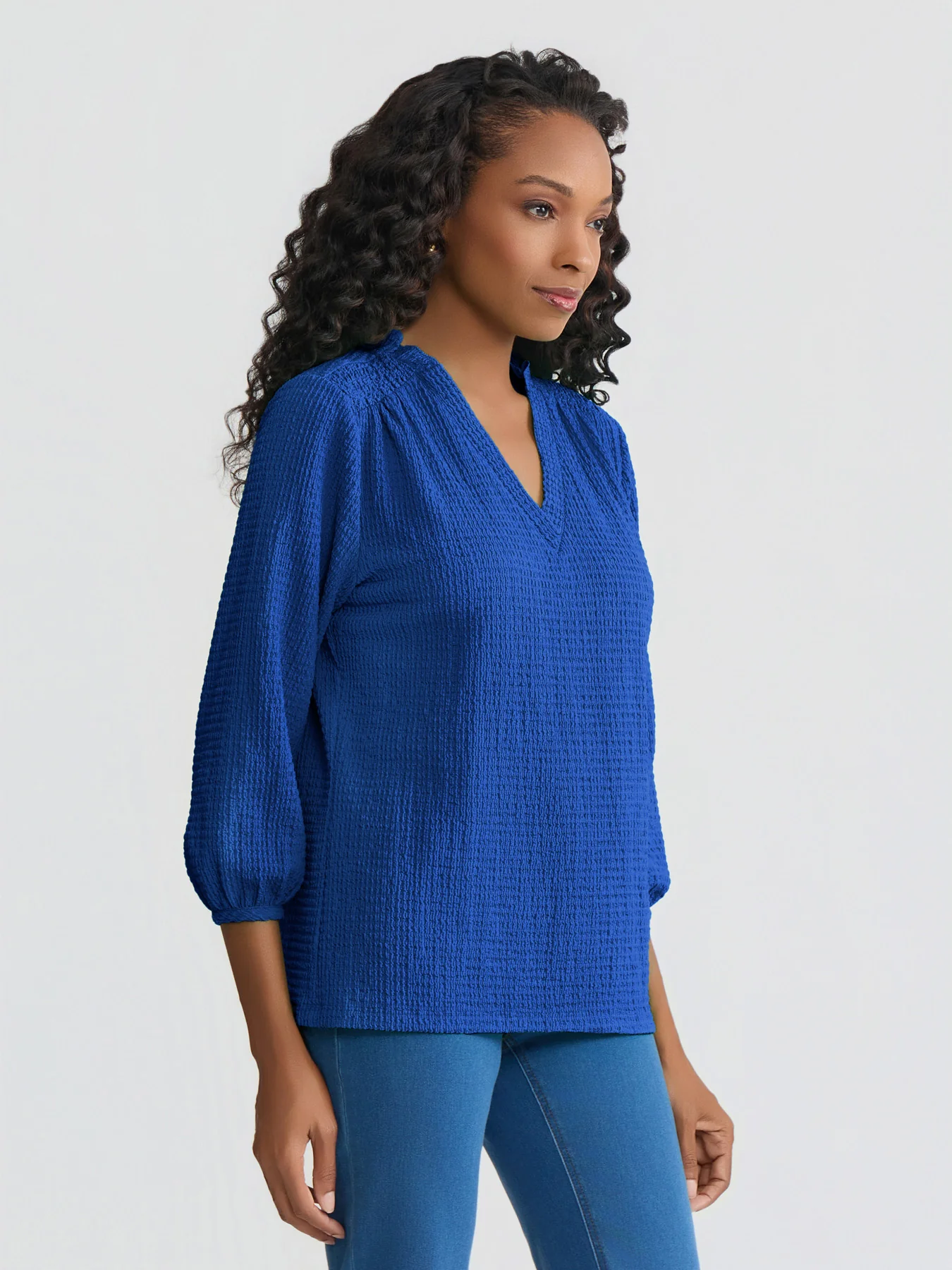 V-Neck Smocked Shoulder Blouse - Image 2