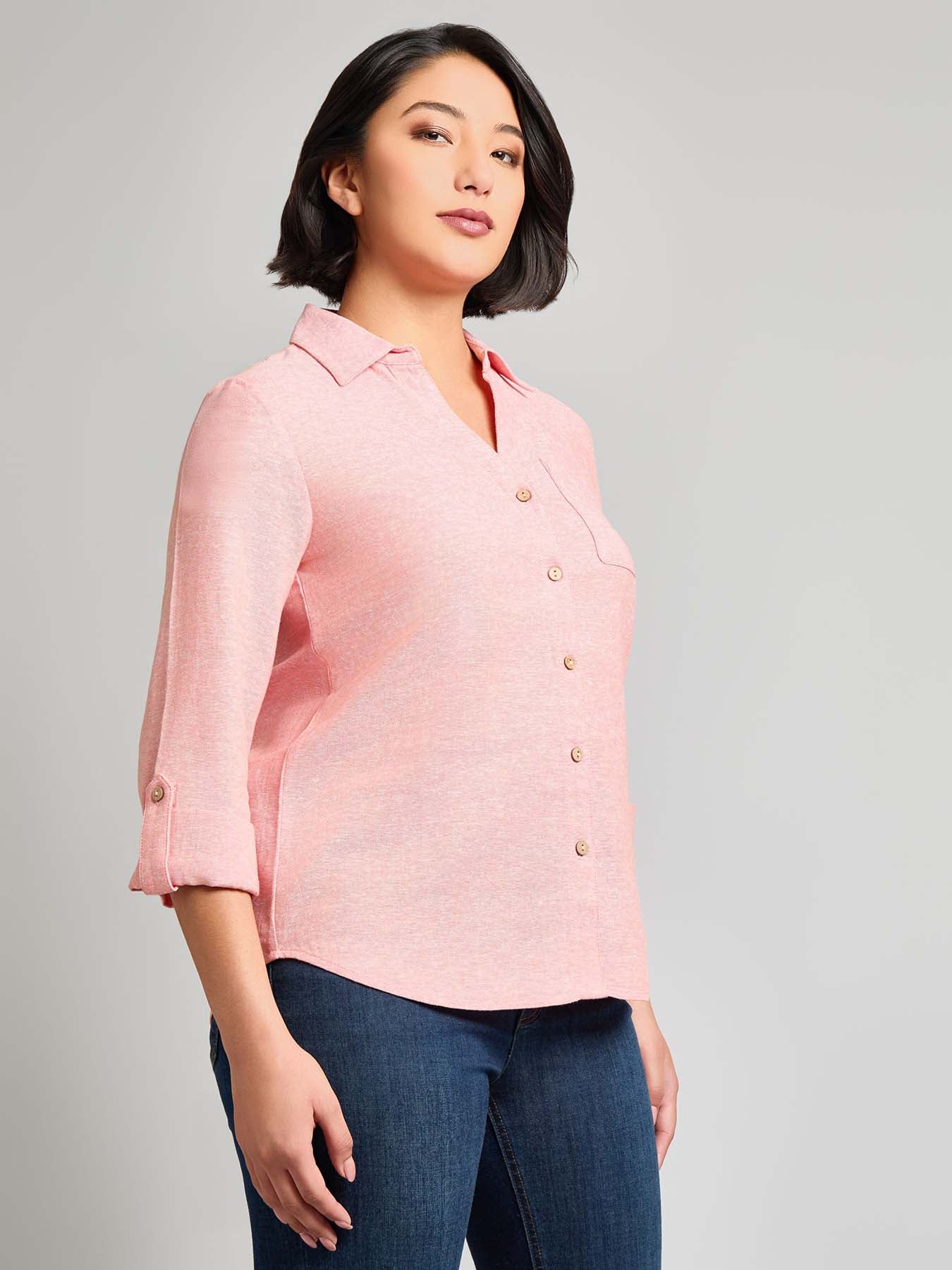 Y-Neck Button Front Tunic, Crossdye Linen Blend - Image 2