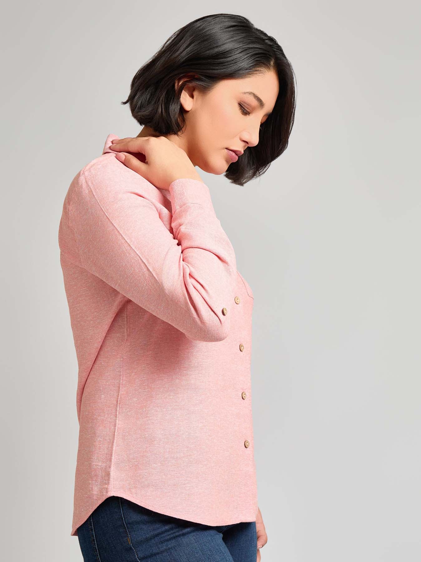 Y-Neck Button Front Tunic, Crossdye Linen Blend - Image 3