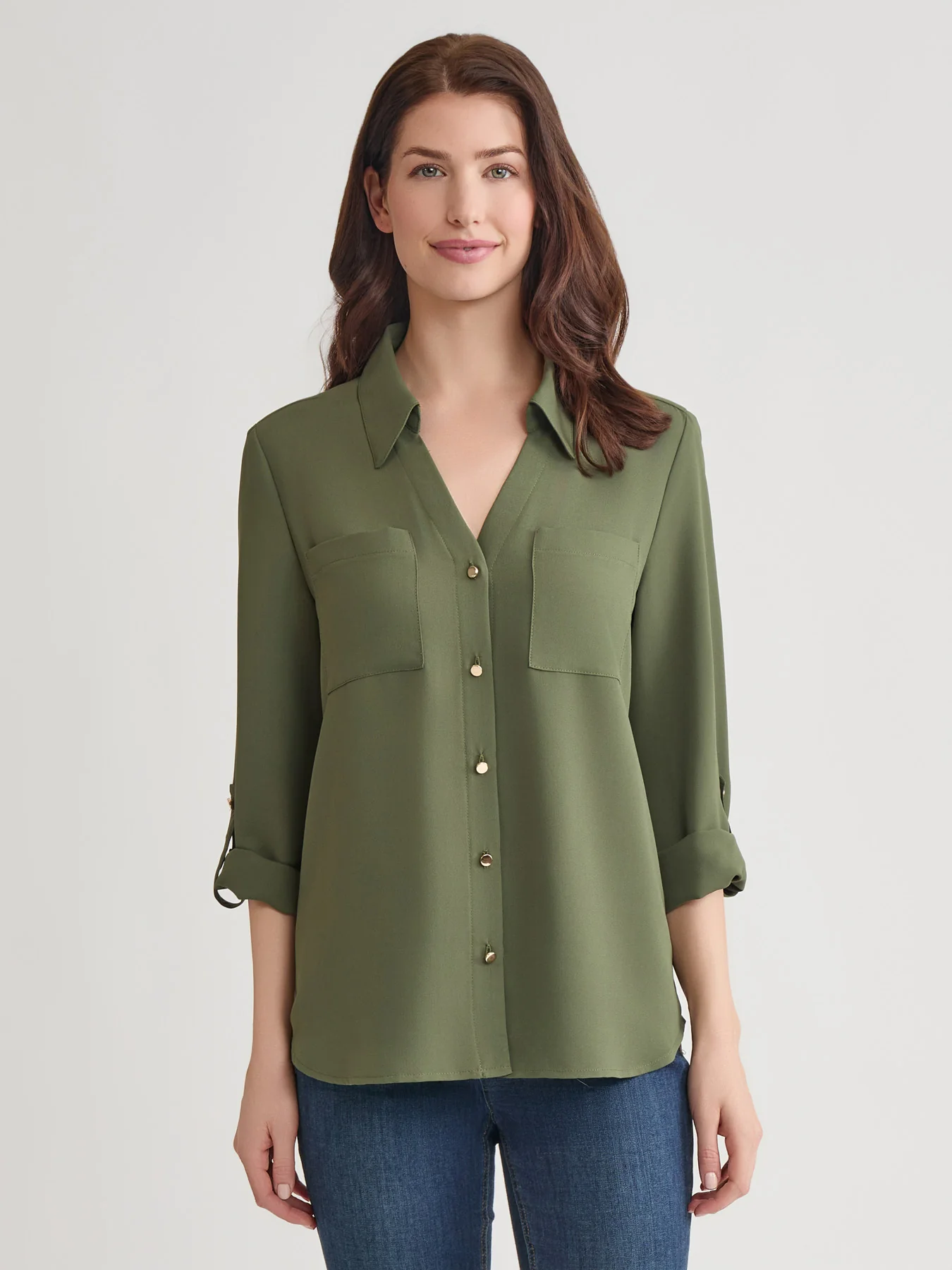 Y-Neck Button Front Tunic, Jasper Crepe