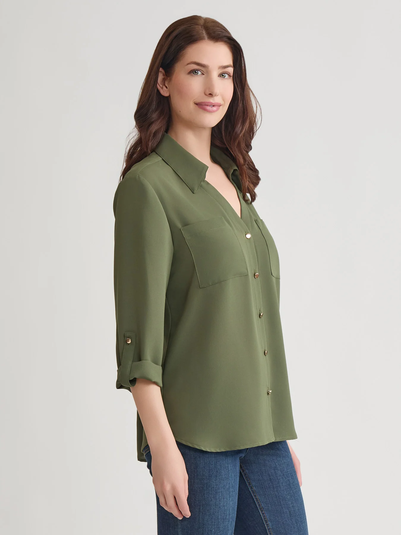 Y-Neck Button Front Tunic, Jasper Crepe - Image 2